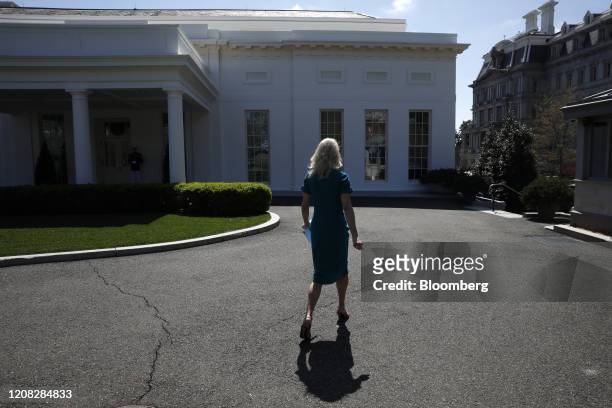 Kellyanne Conway, senior advisor to U.S. President Donald Trump, leaves after speaking to members of the media outside the White House in Washington,...