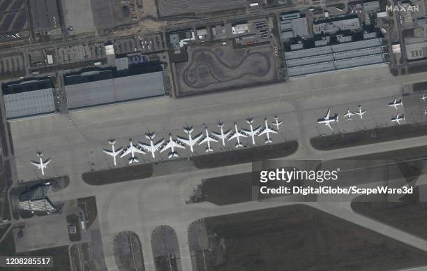 Maxar satellite imagery of parked airplanes at the Munich Airport in Germany after COVID-19. Please use: Satellite image 2020 Maxar Technologies.