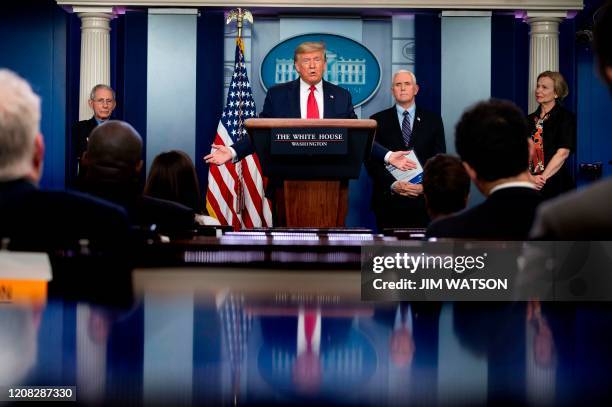 President Donald Trump, flanked by Director of the National Institute of Allergy and Infectious Diseases Anthony Fauci, US Vice President Mike Pence...