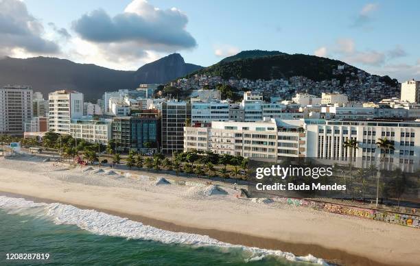 An aerial view of a near empty Ipanema beach on March 26, 2020 in Rio de Janeiro, Brazil. According to the Ministry of health, as today, Brazil has...