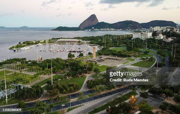 An aerial view of Marina da Gloria Bay, Flamengo Park, also known as Aterro do Flamengo and the Sugar Loaf on March 26, 2020 in Rio de Janeiro,...