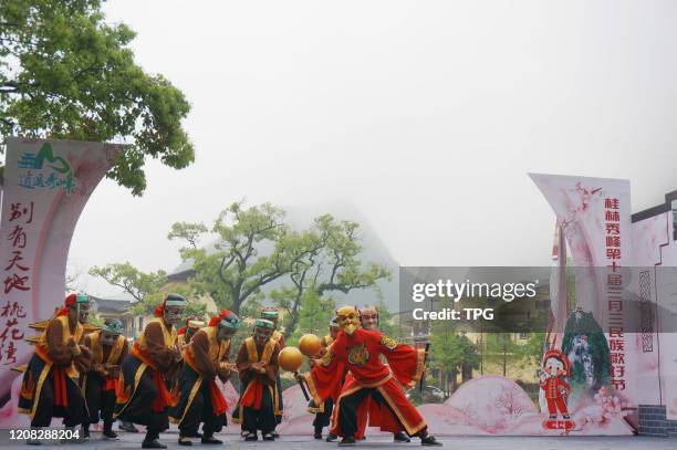 The Zhuang people are celebrating traditional singing festival on 26th March, 2020 in Guilin,Guangxi,China.