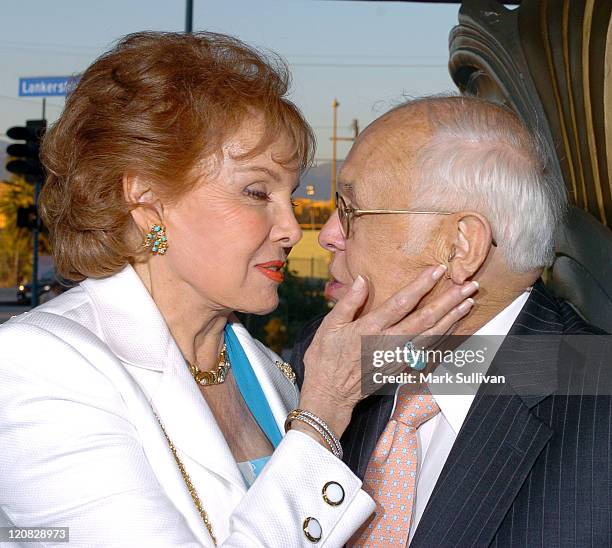 Rhonda Fleming and Johnny Grant during "The Melody Lingers On" Los Angeles Opening Night at El Portal Theatre in North Hollywood, California, United...