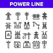 Power Line Electricity Collection Icons Set Vector
