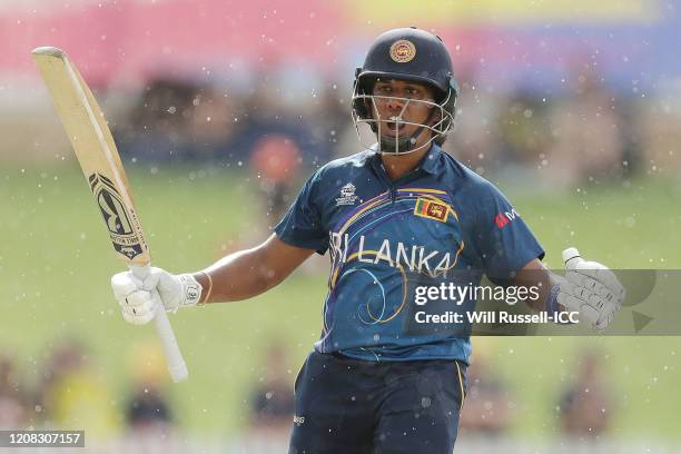 Chamari Athapaththu of Sri Lanka celebrates after reaching her half century during the ICC Women's T20 Cricket World Cup match between Australia and...