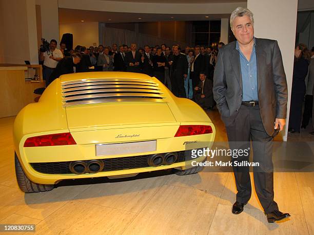 Lamborghini Miura concept car and Jay Leno during Automobili Lamborghini Worldwide Debut Party at The Museum of Television & Radio in Beverly Hills,...
