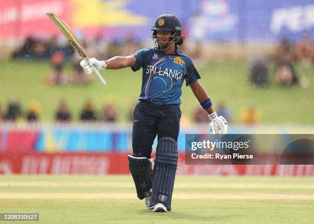 Chamari Athapaththu of Sri Lanka celebrates after reaching her half century during the ICC Women's T20 Cricket World Cup match between Australia and...