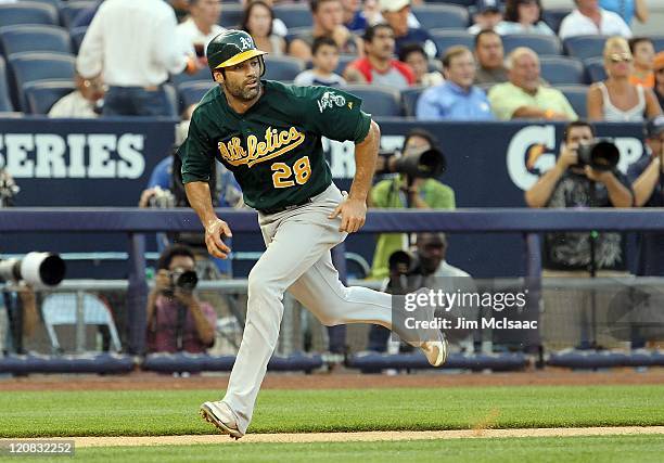 Conor Jackson of the Oakland Athletics in action against the New York Yankees on July 22, 2011 at Yankee Stadium in the Bronx borough of New York...