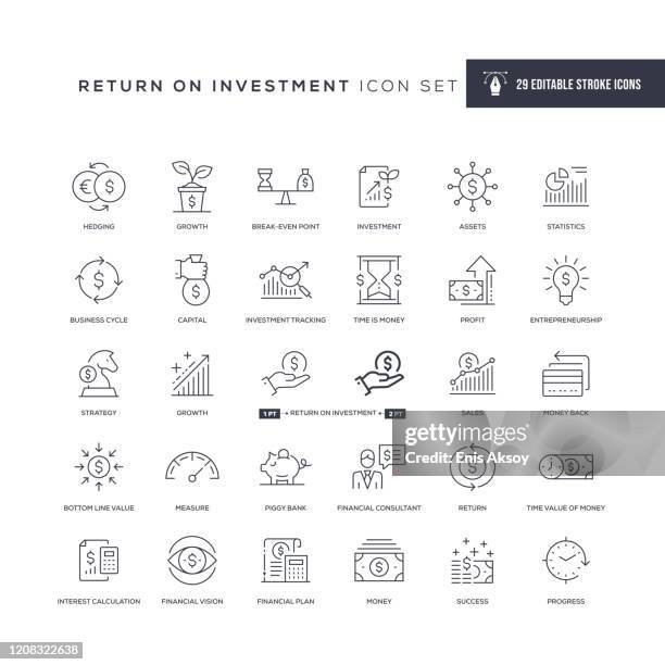 stockillustraties, clipart, cartoons en iconen met return on investment bewerkbare lijnpictogrammen - finance icon