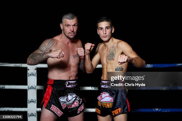 Muay Thai fighters John Wayne Parr and Lachy Ogden pose during a portrait session on February 24, 2020 in Gold Coast, Australia.