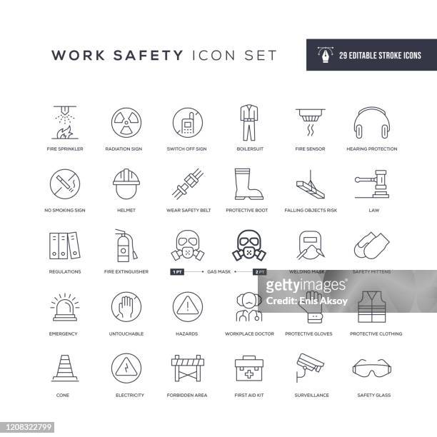 illustrazioni stock, clip art, cartoni animati e icone di tendenza di icone della linea del tratto modificabile di sicurezza sul lavoro - misure di sicurezza