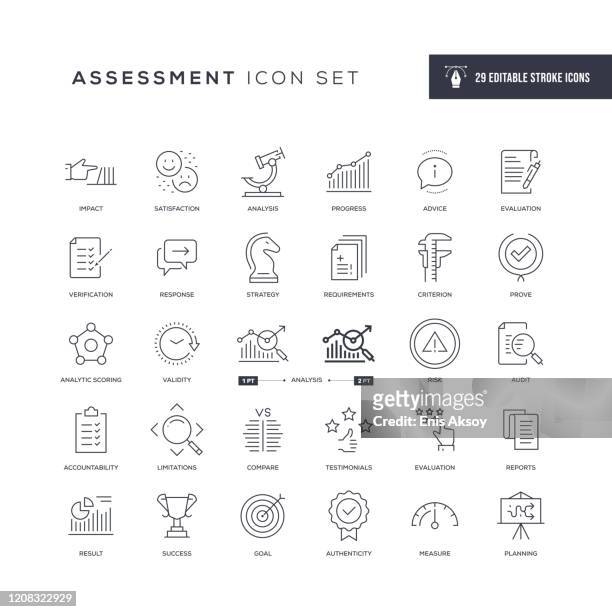 assessment editable stroke line icons - scrutiny stock illustrations