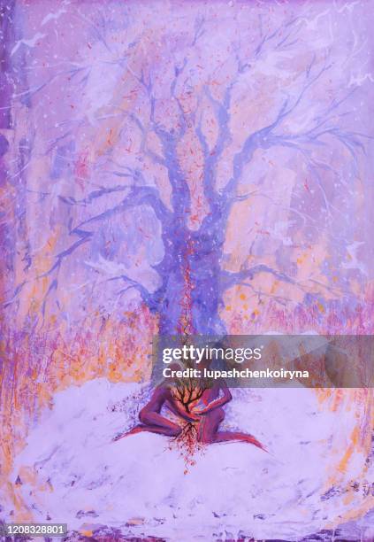 modische winter-illustration allegorie kunstwerk symbol der liebe impressionismus ölgemälde vertikale winterlandschaft baum des lebens figuren von zwei liebhabern mit einem weißen vogel im flug gegen einen rosa himmel in der morgensonne der fallenden sc - falling in love stock-grafiken, -clipart, -cartoons und -symbole