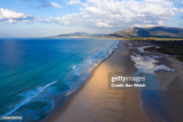 aerial view of los lances beach, tarifa, spain. - costa de la luz stock-fotos und bilder