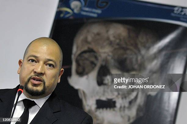 Fredy Peccerelli, Director of the Forensic Anthropology Association of Guatemala, speaks during a press conference in Guatemala City on August 11 to...