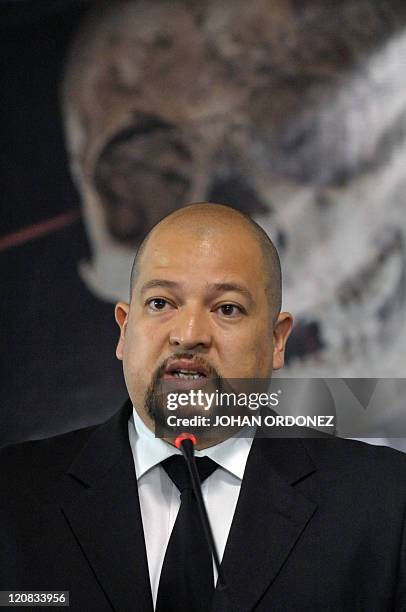 Fredy Peccerelli, Director of the Forensic Anthropology Association of Guatemala, speaks during a press conference in Guatemala City on August 11 to...