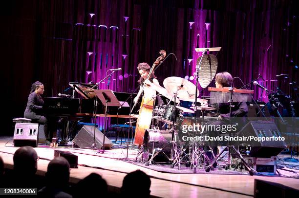 American pianist Geri Allen performs live on stage with drummer Terri Lyne Carrington and bassist Esperanza Spalding at The Barbican in London on...