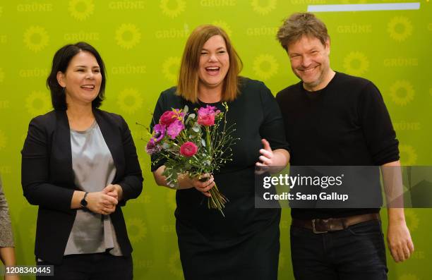 Co-leaders of the German Greens party Annalena Baerbock and Robert Habeck congratulate Greens party Hamburg elections lead candidate Katharina...