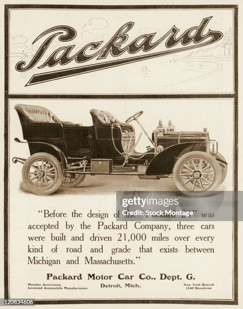 Packard 24 automobile is shown in a magazine advertisement dated 1906.