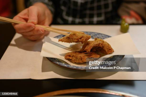 fried fugu, also known as puffer or globe fish, fukuoka, kyushu, japan - puffer fish stock pictures, royalty-free photos & images