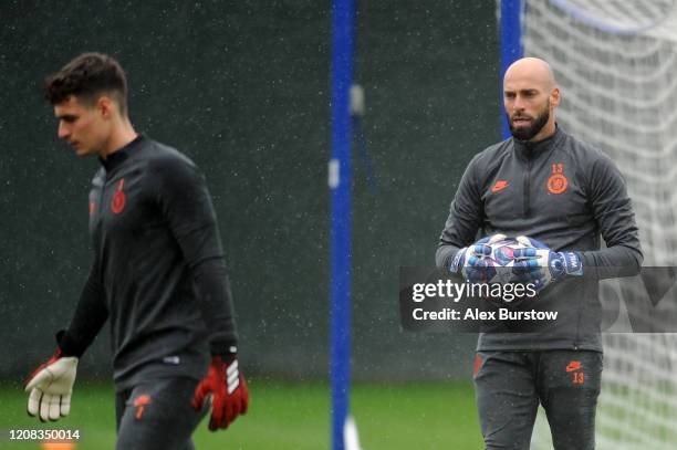 Willy Caballero of Chelsea looks on during a training session ahead of their UEFA Champions League Round of 16 first leg match against Bayern Munich...