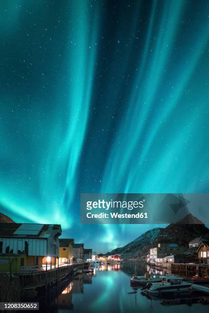 norway, vesteralen archipelago, langoya island, nyksund, northern lights above fishing village - aurora borealis stock pictures, royalty-free photos & images