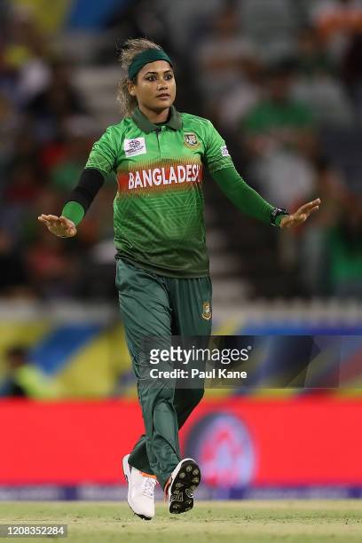 Jahanara Alam of Bangladesh bowls during the ICC Women's T20 Cricket World Cup match between India and Bangladesh at WACA on February 24, 2020 in...