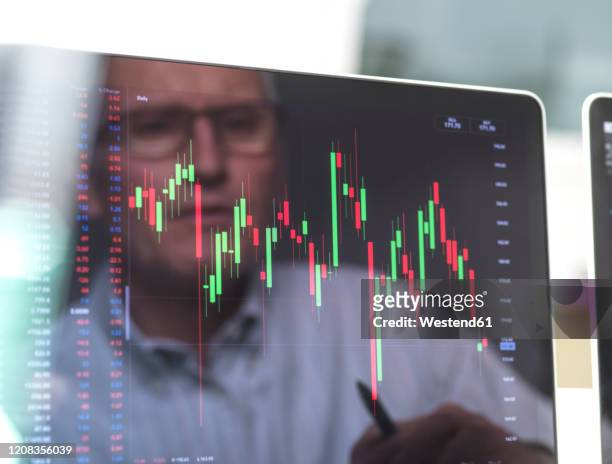 reflection of a stock trader viewing the performance of a company share price on screen - man reflection foto e immagini stock
