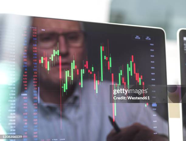 reflection of a stock trader viewing the performance of a company share price on screen - stock certificate 個照片及圖片檔
