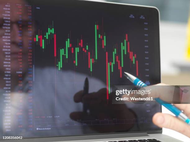 reflection of a stock trader viewing the performance of a company share price on screen - man reflection foto e immagini stock