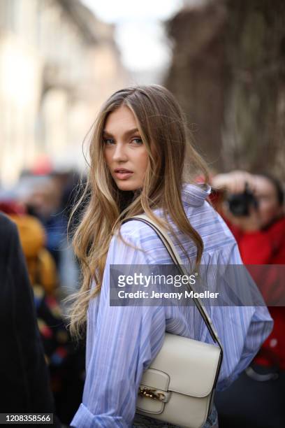 Romee Strijd is seen before Etro during Milan Fashion Week Fall/Winter 2020-2021 on February 21, 2020 in Milan, Italy.