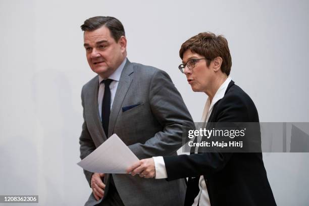 German Christian Democrats leader Annegret Kramp-Karrenbauer and CDU Hamburg lead candidate Marcus Weinberg arrive for a press conference of the CDU...