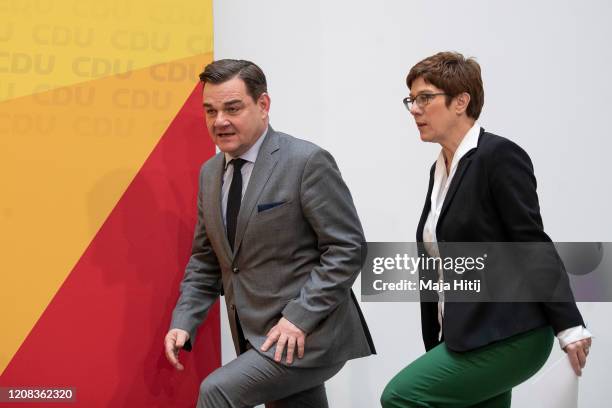 German Christian Democrats leader Annegret Kramp-Karrenbauer and CDU Hamburg lead candidate Marcus Weinberg arrive for a press conference of the CDU...