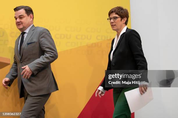 German Christian Democrats leader Annegret Kramp-Karrenbauer and CDU Hamburg lead candidate Marcus Weinberg arrive for a press conference of the CDU...