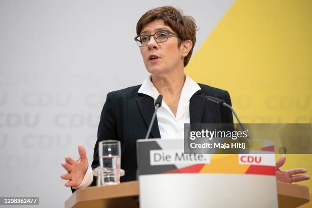 German Christian Democrats leader Annegret Kramp-Karrenbauer speaks at a press conference of the CDU leadership at CDU headquarters the day after...