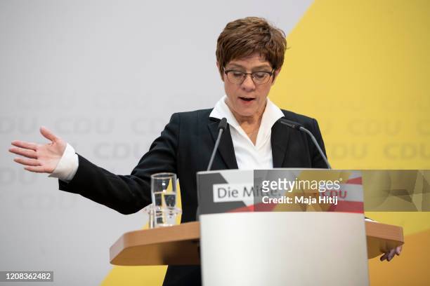 German Christian Democrats leader Annegret Kramp-Karrenbauer speaks at a press conference of the CDU leadership at CDU headquarters the day after...