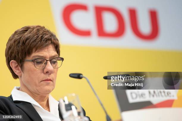 German Christian Democrats leader Annegret Kramp-Karrenbauer speaks at a press conference of the CDU leadership at CDU headquarters the day after...