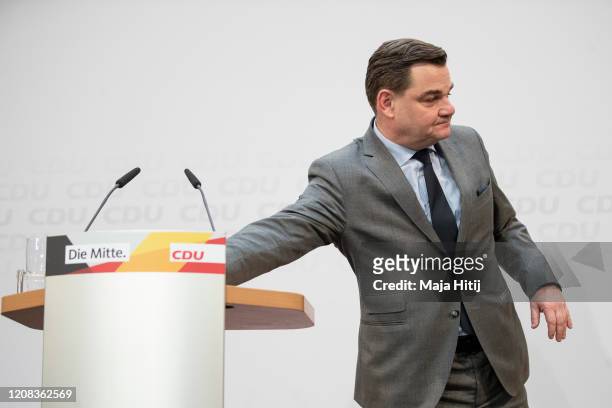 German Christian Democrats CDU Hamburg lead candidate Marcus Weinberg leaves after a press conference of the CDU leadership at CDU headquarters the...