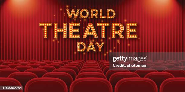 world theatre day concept. text on stage curtain. - auditorium stock illustrations