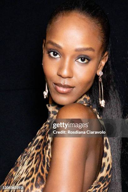 Model Leila Nda is seen backstage at the Philipp Plein fashion show on February 22, 2020 in Milan, Italy.