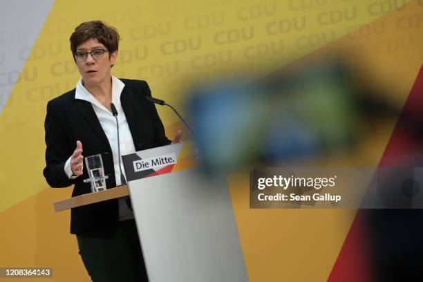 German Christian Democrats leader Annegret Kramp-Karrenbauer speaks to the media after a meeting of the CDU leadership at CDU headquarters the day...