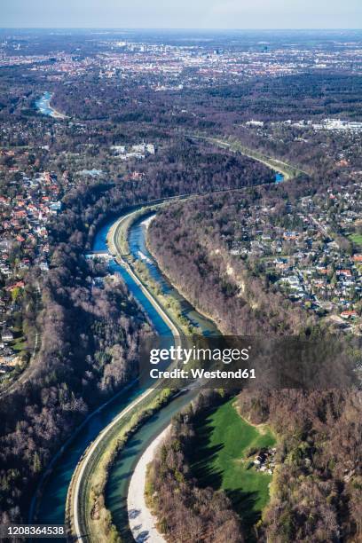 germany, bavaria, munich, aerial view of isar river flowing through city suburbs - isar münchen stock-fotos und bilder