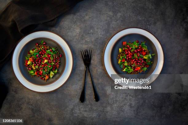 oriental lentil salad with lentils, cucumber, bell pepper, parsley and pomegranate seeds - granaatappel stockfoto's en -beelden
