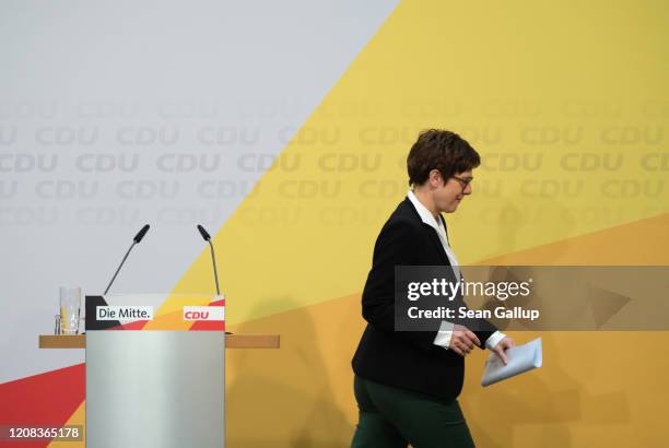 German Christian Democrats leader Annegret Kramp-Karrenbauer departs after speaking to the media after a meeting of the CDU leadership at CDU...