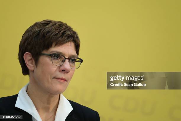 German Christian Democrats leader Annegret Kramp-Karrenbauer speaks to the media after a meeting of the CDU leadership at CDU headquarters the day...