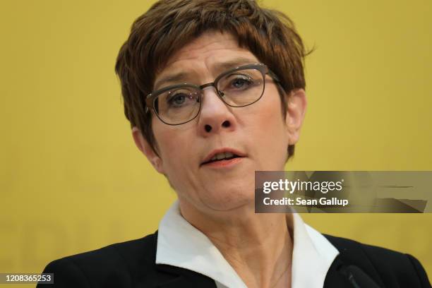 German Christian Democrats leader Annegret Kramp-Karrenbauer speaks to the media after a meeting of the CDU leadership at CDU headquarters the day...