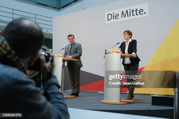 German Christian Democrats leader Annegret Kramp-Karrenbauer and CDU Hamburg election candidate Marcus Weinberg speak to the media after a meeting of...