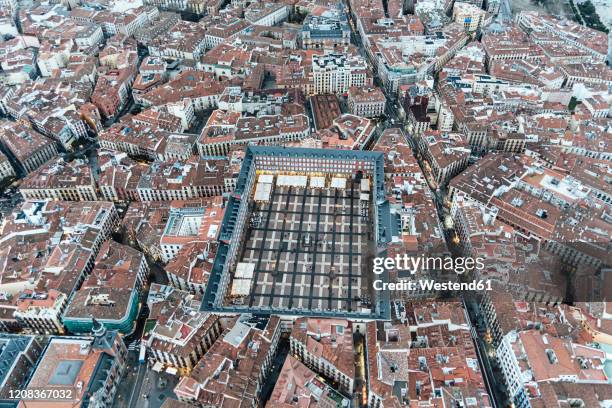 madrid, spain aerial view of city and plaza mayor - madrid aerial stock pictures, royalty-free photos & images