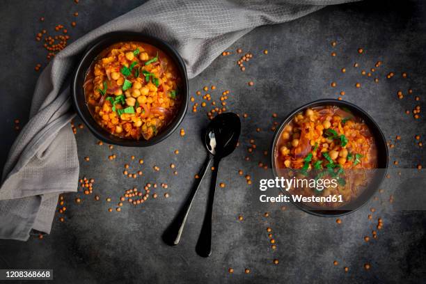 studio shot of lentil and chickpea soup (red lentils, chickpeas, tomatoes, red onions, mint) - lentil stock-fotos und bilder