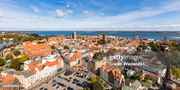 germany, mecklenburg-western pomerania, stralsund, high angle view of coastal town - stralsund stock pictures, royalty-free photos & images